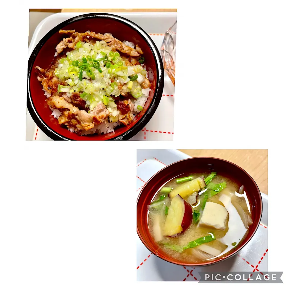 Snapdishの料理写真:豚塩カルビ丼＆🍠の味噌汁|okeiko🎶さん