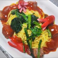 サイコロステーキのあんかけパスタ