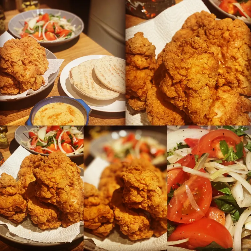 Dinner ! Dinner ! 
Home made EFC (Emanuel’s Fried Chicken) with Tomato & Onion Basil Salad with Pita and Hummus 
#friedchicken #homemade #homecooking 
#chefeman|Emanuel Hayashiさん