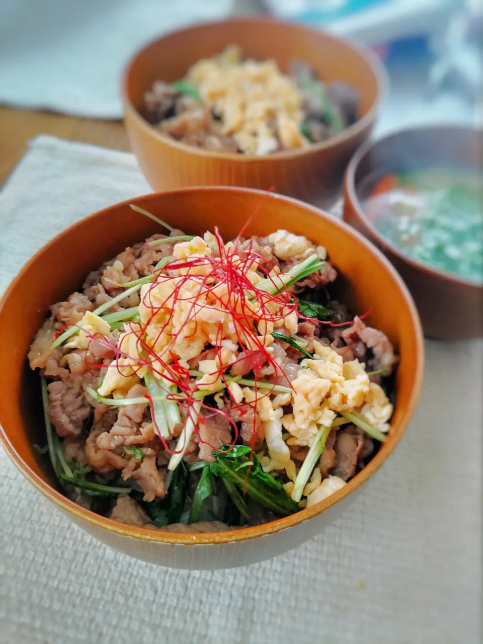 余り肉玉子丼✿
そぼろの玉子が余ったので焼肉のタレで甘辛く炒めた牛肉と水菜を合わせて。|じゃじゃまるさん