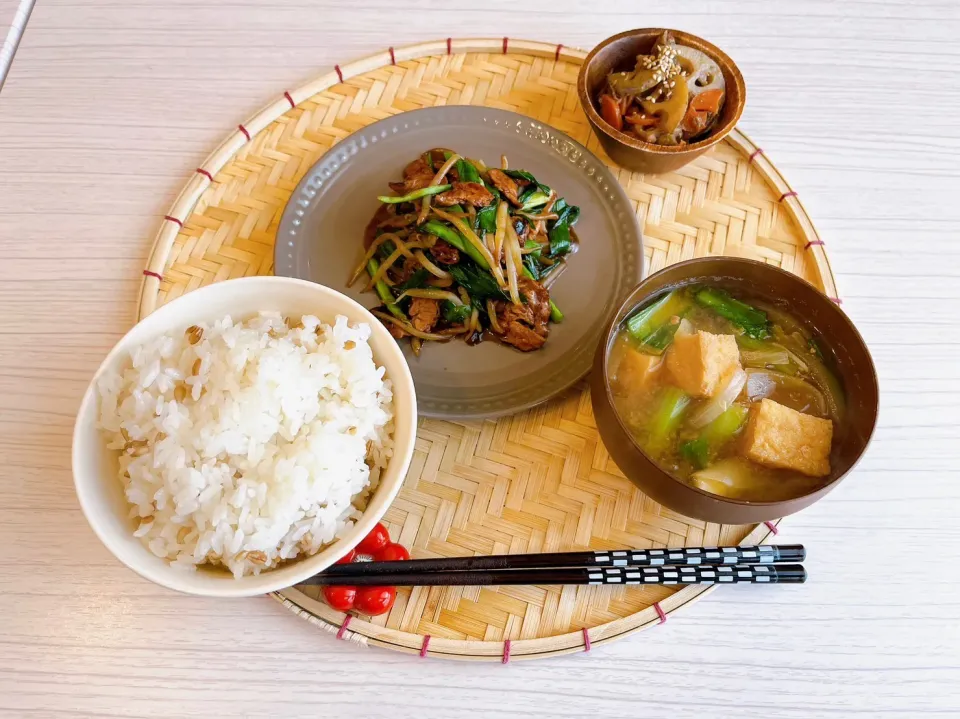 大豆のお肉✨️ニラもやし炒め定食🥢|mayuさん