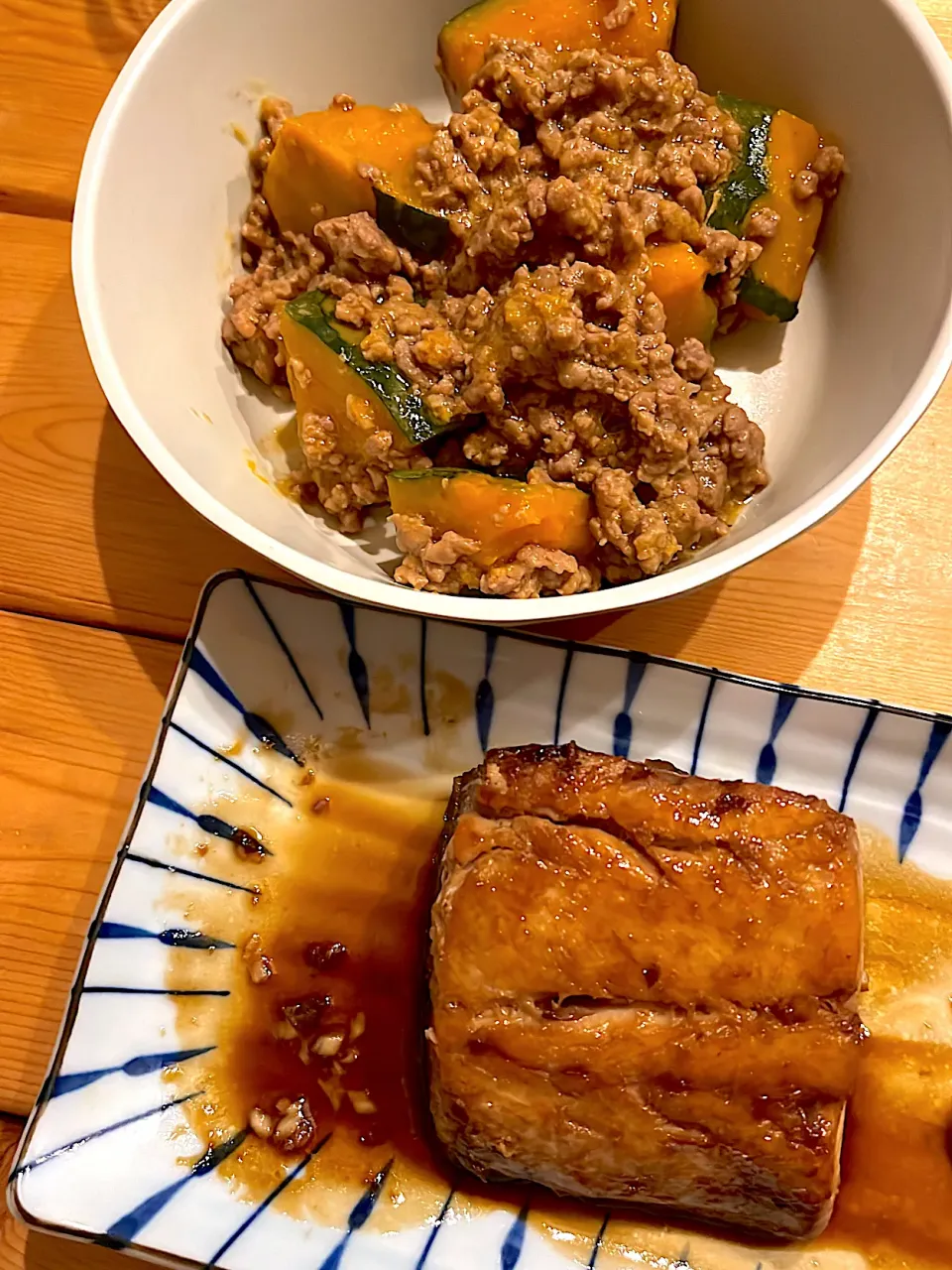 かぼちゃとひき肉のそぼろ煮 & ぶりの照り焼き|ぺろたんさん