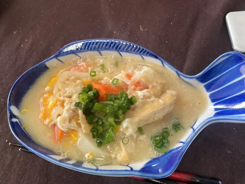 正月に向けて練習　朝ごはん　白味噌お雑煮|ぽんぽこまめだ。さん