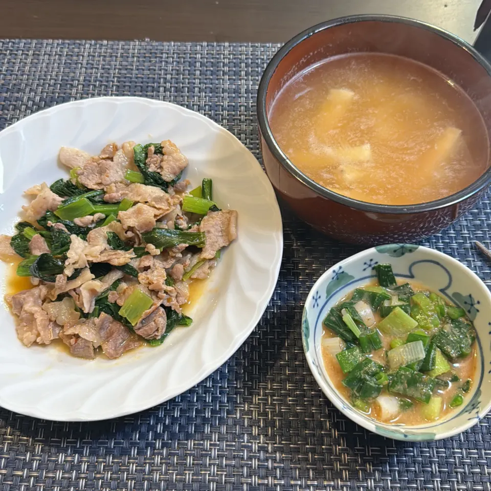 小松菜と豚肉の中華辛炒め・ネギぬた・油揚げとジャガイモの味噌汁|a-parkさん