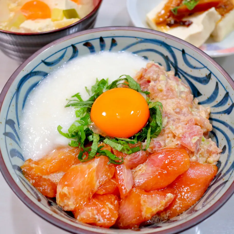 Snapdishの料理写真:マグロの漬け＆ネギトロの山かけ丼|まゆさん