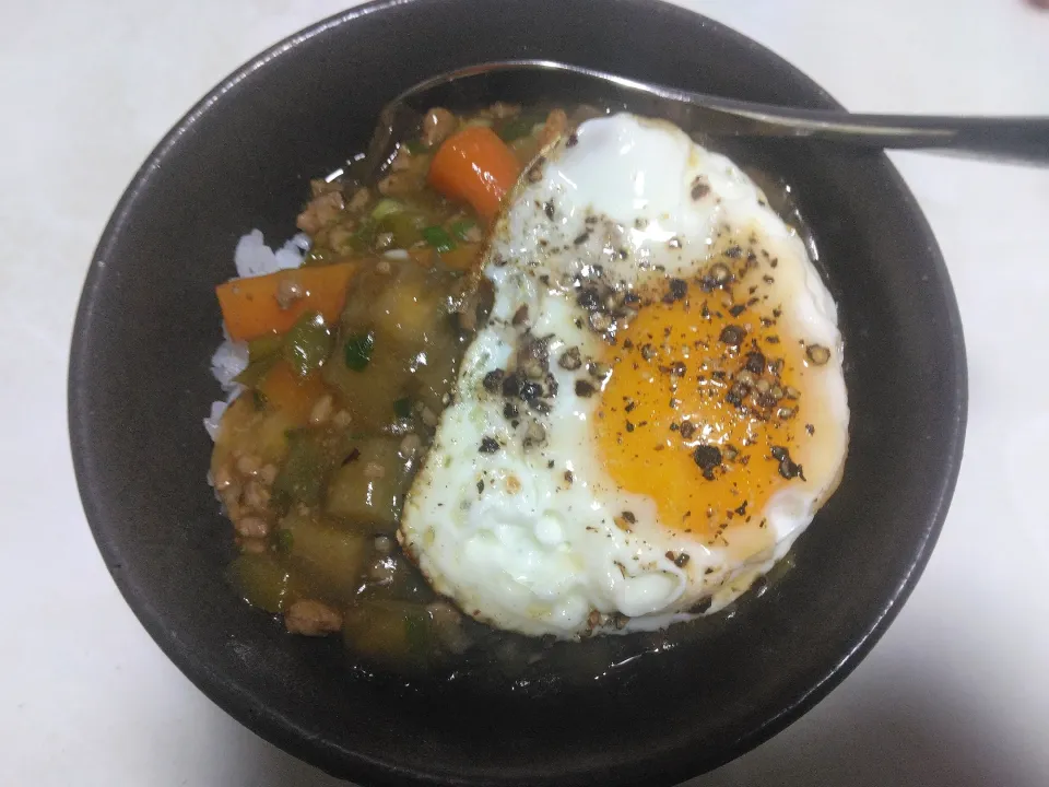 Snapdishの料理写真:目玉焼き乗せ麻婆茄子丼|darkbaronさん