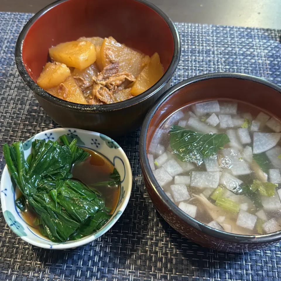 豚肉と大根の煮物・舞茸野菜スープ・ほうれん草のお浸し|a-parkさん