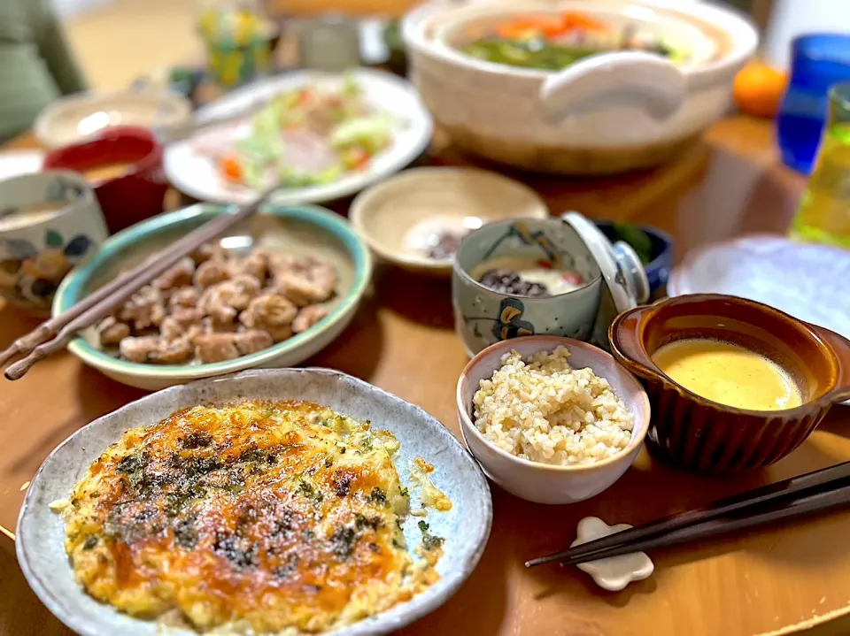 お友達とのご飯会〜その2️⃣ポテトグラタン♡茶碗蒸し♡人参ポタージュ♡大豆ミートブロックレトルトで唐揚げ♡発芽玄米ご飯♡マルコメ発酵ぬかどこチューブタイプで作った糠漬けきゅうりと切り干し大根のレモン漬|さくたえさん