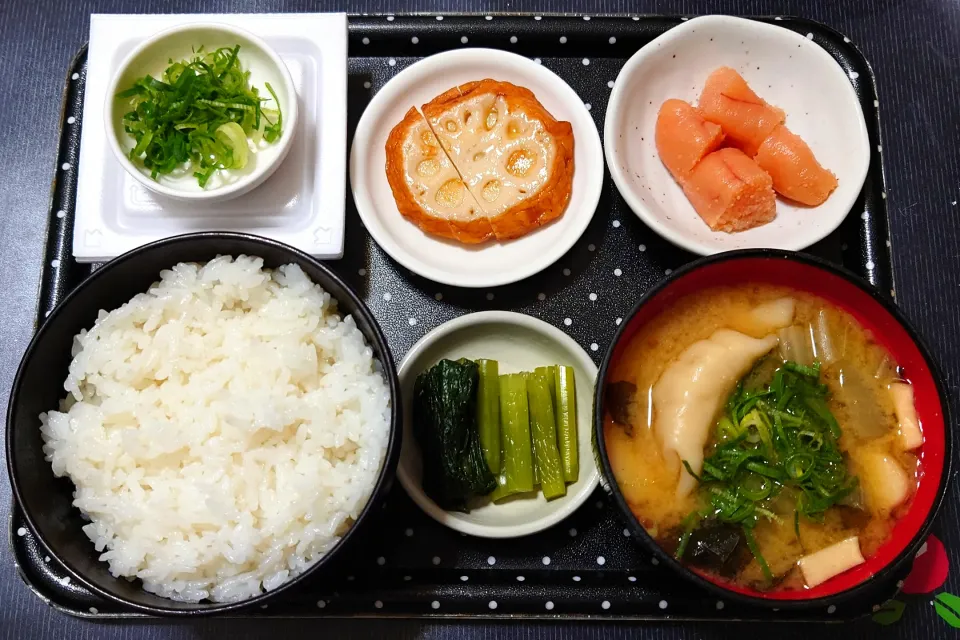 今日の朝ごはん（新米・富山県産にこまる、辛子明太子（できたてめんたい 切子）、博多れんこん天、納豆、餃子のみそ汁、野沢菜漬）|Mars＠釜飯作り研究中さん