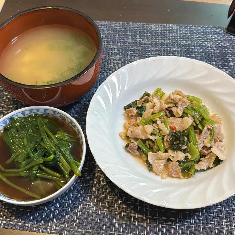 小松菜と豚肉の中華辛炒め・ほうれん草のお浸し・里芋とフェンネルの味噌汁|a-parkさん