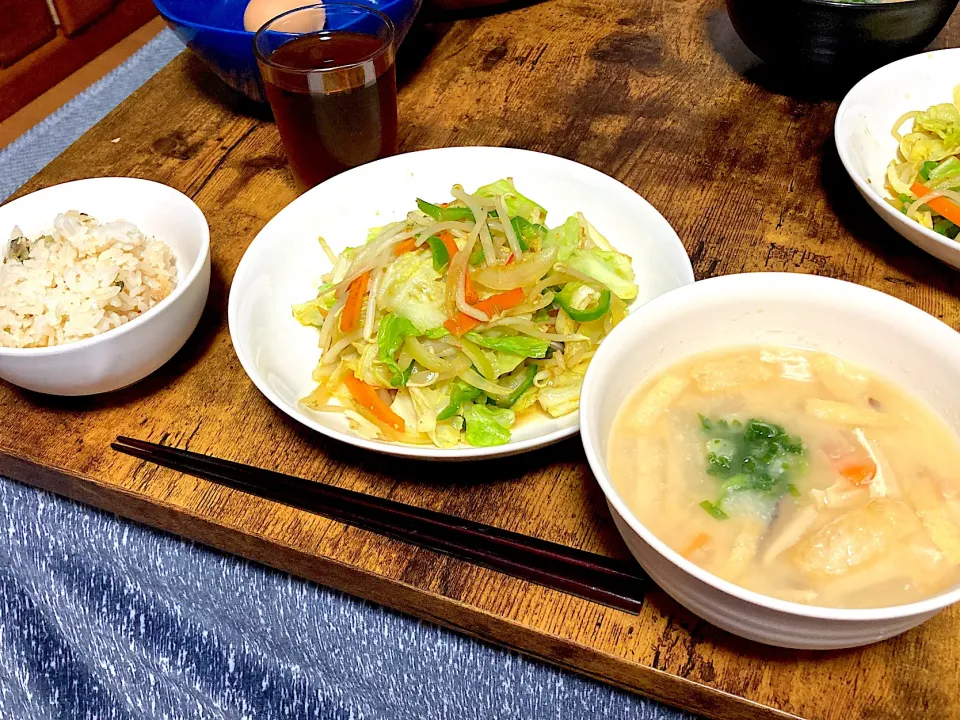 カレー粉野菜炒めとおから味噌汁と鯛めし|しあぺんさん