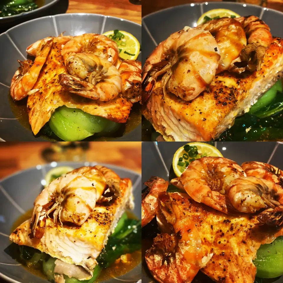 Dinner ! Dinner ! 
Oven Baked Salmon Fillet on a bed of Spinach topped with Garlic Tiger Prawns in Butter 
#salmon #prawns #homecooking 
#chefemanuel|Emanuel Hayashiさん