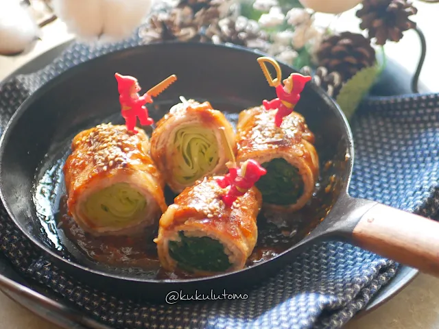 Snapdishの料理・レシピ写真:緑グラデーションが美しいキャベツ肉巻きロール焼✨とほうれん草肉巻きロール焼｜クリスマスは手作りディナー♪ごちそう肉料理