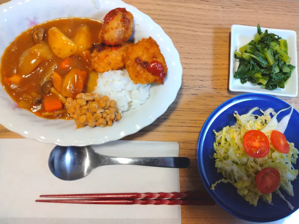 Snapdishの料理写真:不評…😿魚肉ウインナー入り納豆カツカレー|さゆさん