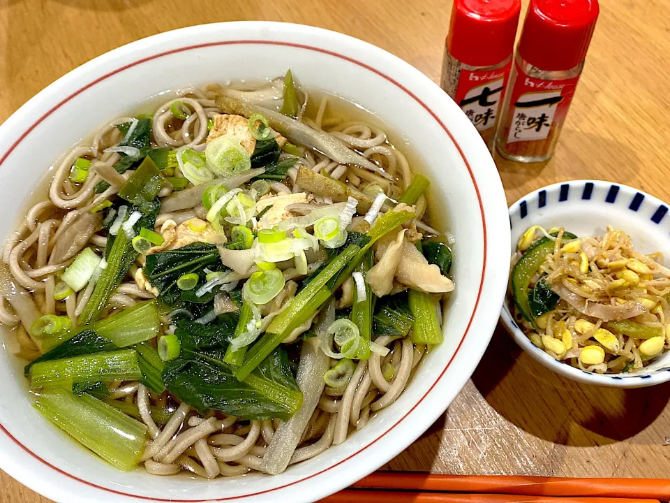 年越しそば予約受付中の文字に惹かれ、一足早く慌てん坊のそばナイトになりました。鶏肉、ごぼう、長ネギ、ごぼう、舞茸、長ネギで具沢山|りえはるさん