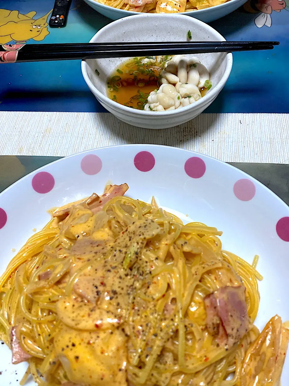 キムチとベーコンのクリームパスタ、白子ポン酢|kaaaaaさん