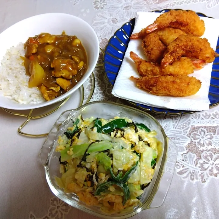 Snapdishの料理写真:夜ご飯‼カレー🍛、生協海老フライ、卵サラダ|m.rafuさん