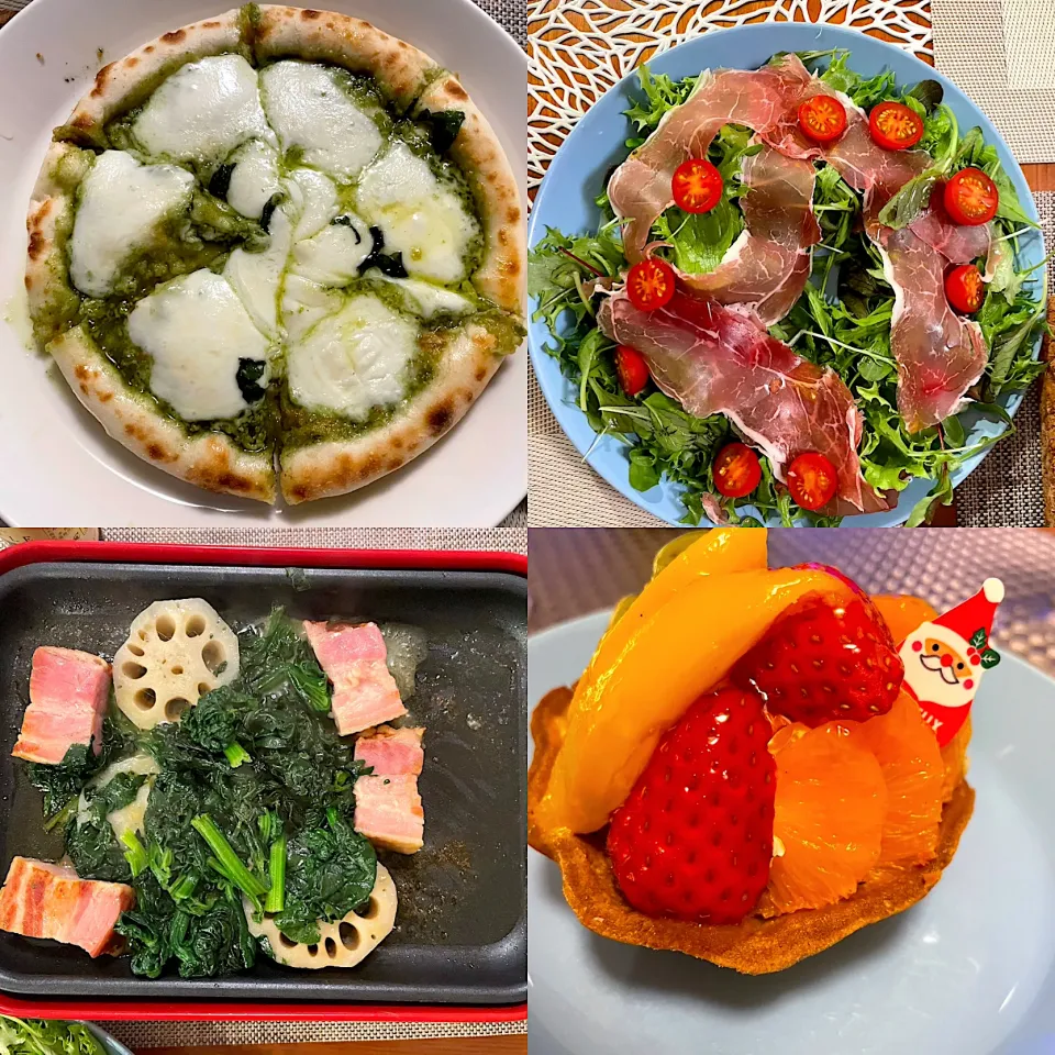 Snapdishの料理写真:ジェゼピッツァ、チヂミホウレンソウのソテー、クリスマスリース🥗フルーツタルトのクリスマス宴🎄|なお🅿️さん