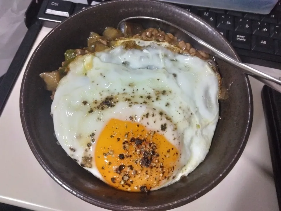 Snapdishの料理写真:目玉焼き乗せ麻婆茄子丼|darkbaronさん