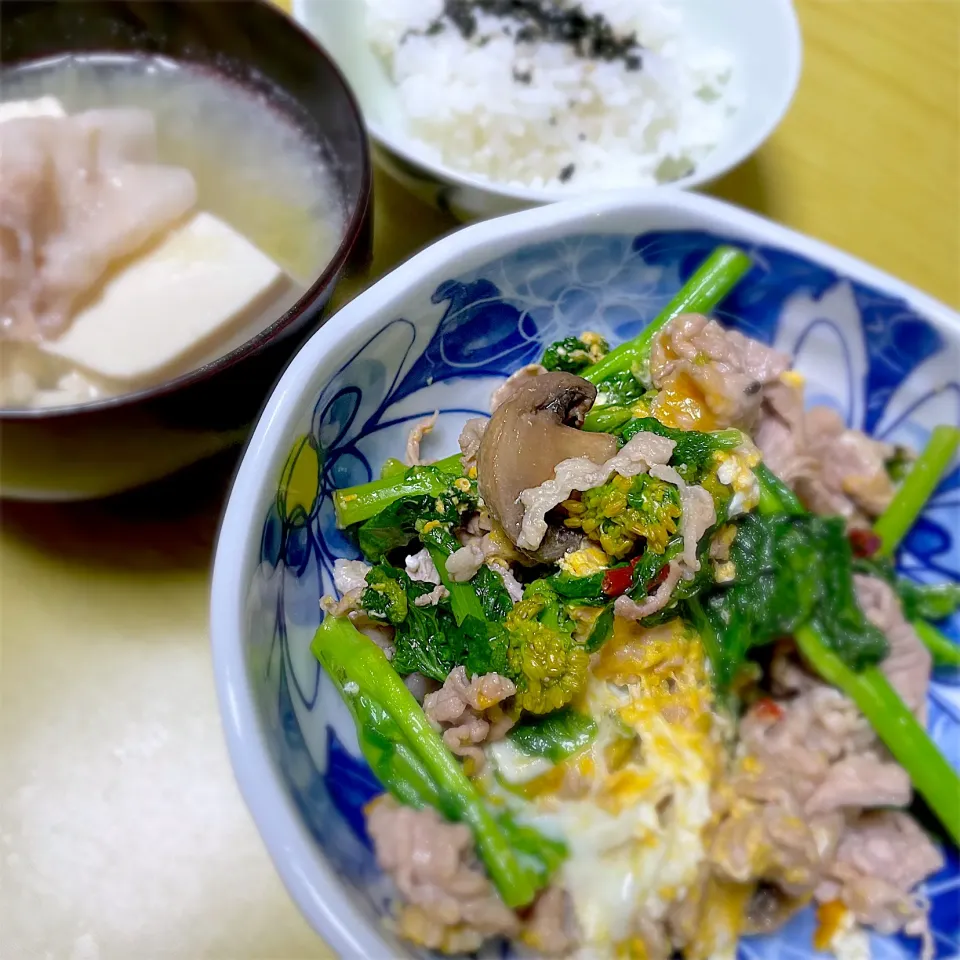 あさごはん　菜の花ペペロンと肉吸いもどき|らぶかさん