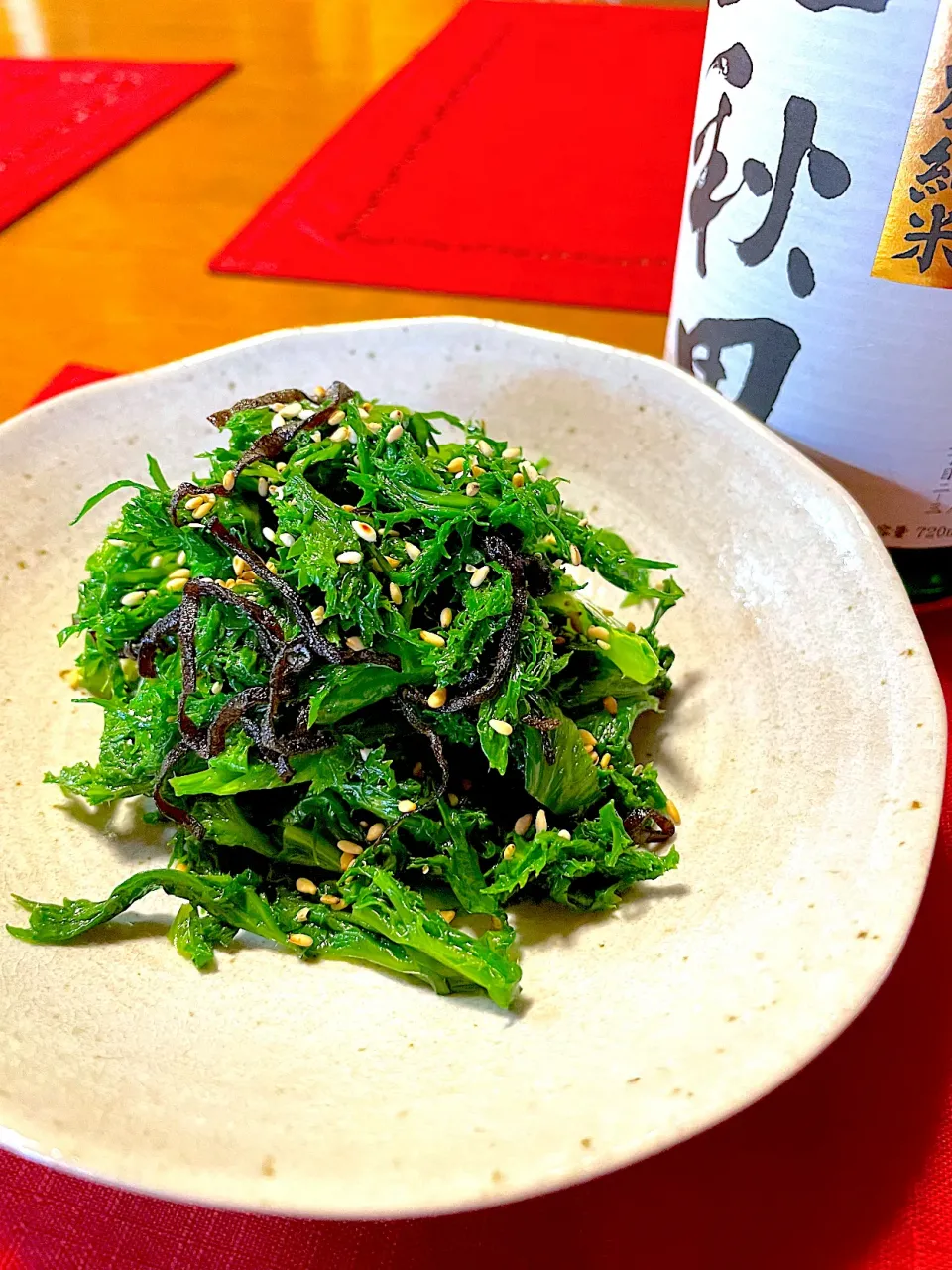 ぱんだのままんさんの料理 わさび菜の塩昆布和え|おかちさん