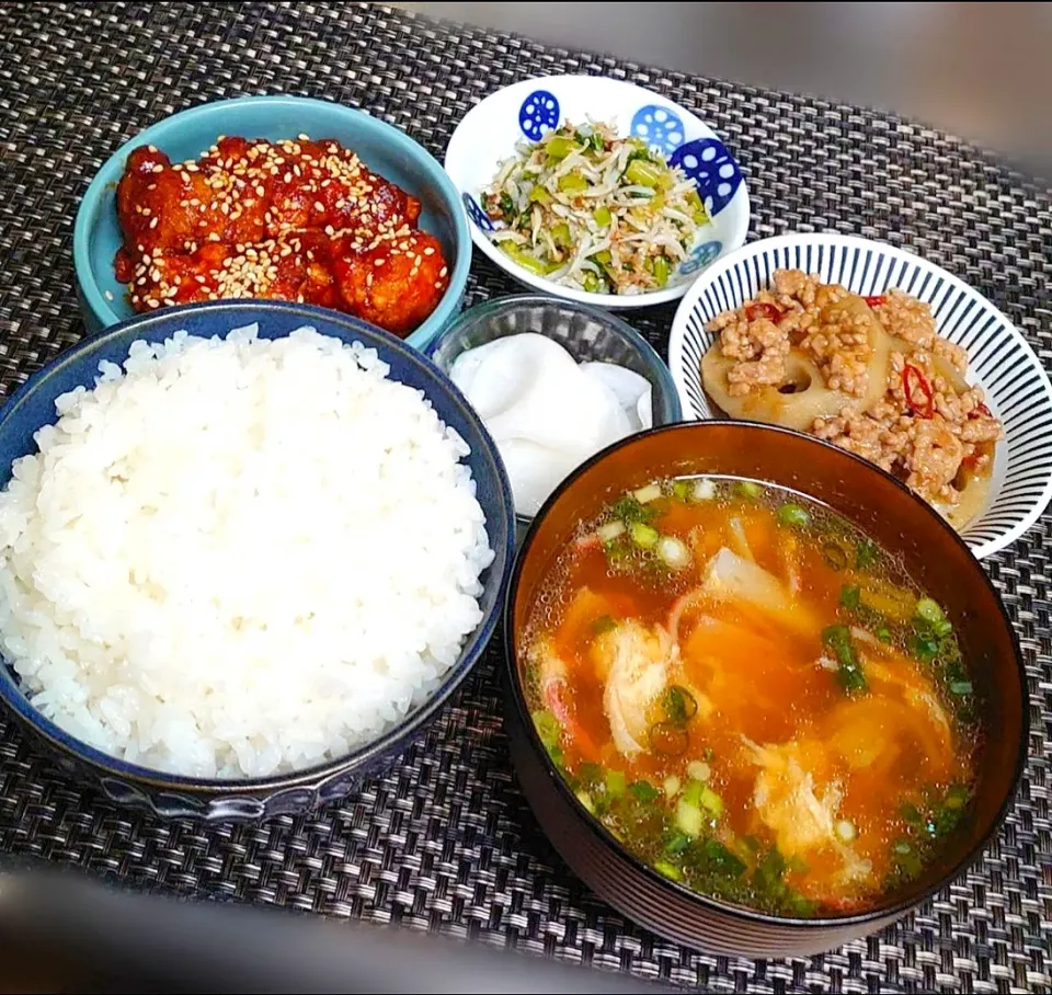 ヤンニョムチキン定食で♪ムスコの置きランチ|からあげビールさん