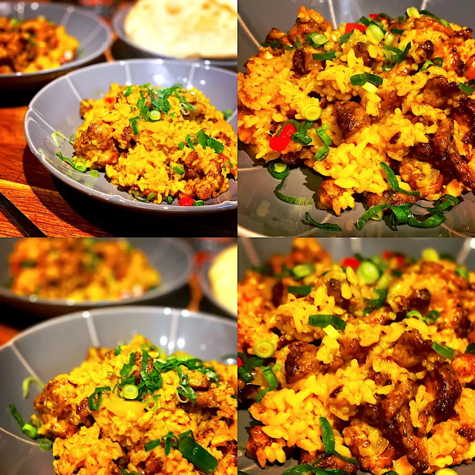 Dinner ! Dinner ! 
Stir Fried  Hot Curry Chicken Risotto with Onions, & Pepper with Turmeric Garlic Butter Rice and Naan Bread 
#curryrisotto # homecooking 
#ho|Emanuel Hayashiさん