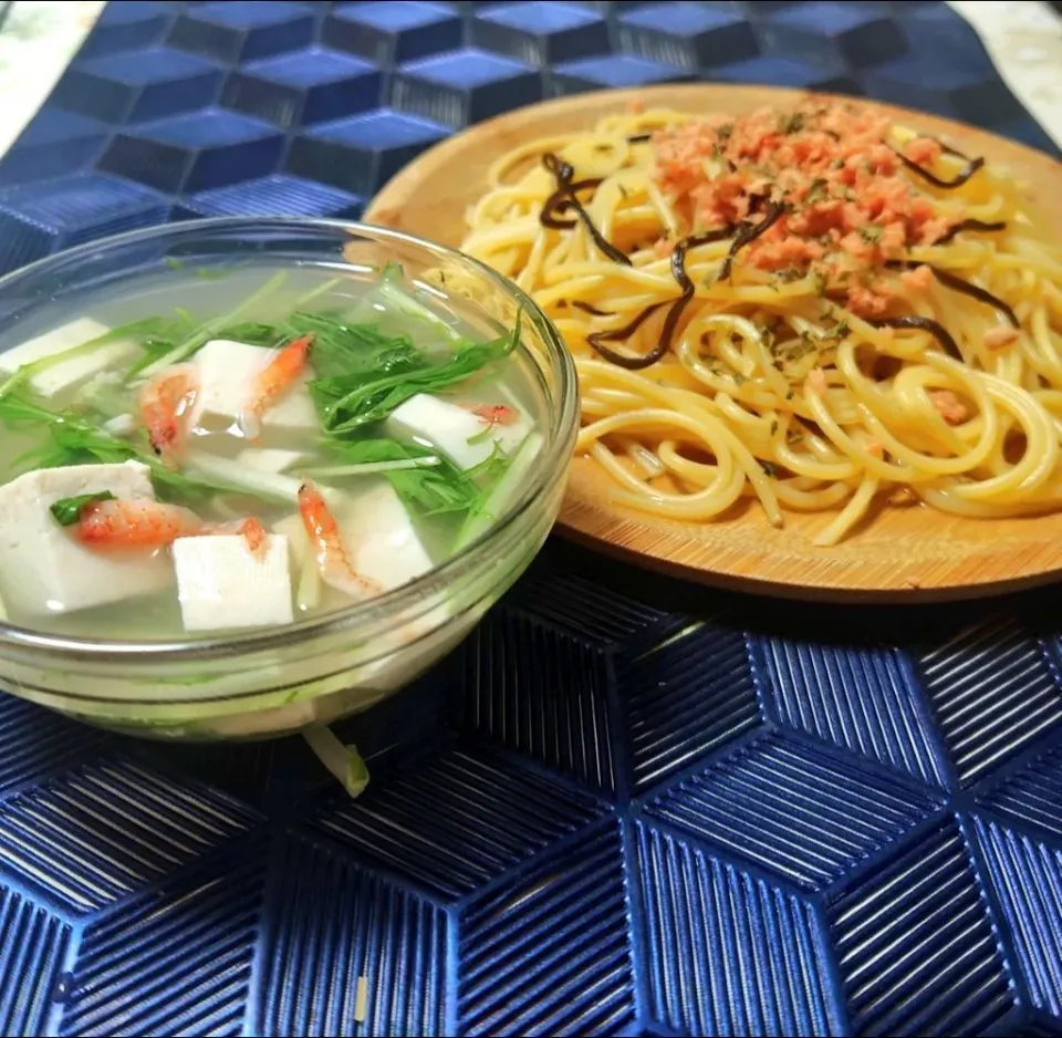 鮭塩昆牛酪de限界パスタ
桜えびと水菜の塩麹スープ|マギーさん