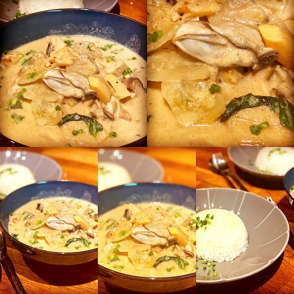 Dinner ! Dinner ! 
Freshly Made Coconut Based Thai Green Fresh Oyster 🦪 Curry with Bamboo , Onion Garlic , Fresh Basil with Steamed Rice 🍚 
#coconutcurry #gre|Emanuel Hayashiさん