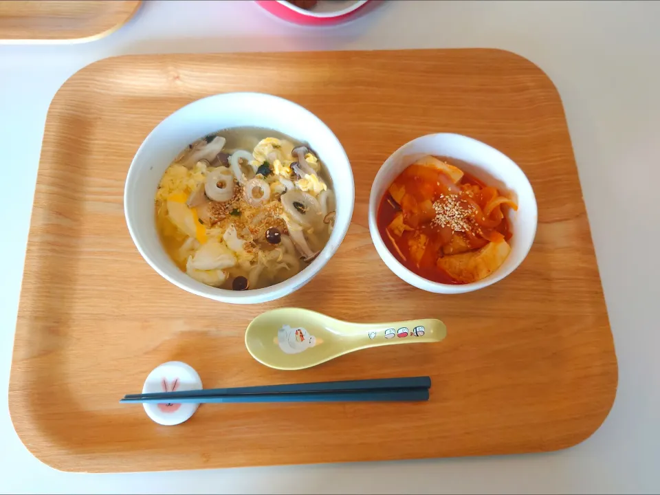 今日の昼食　かき玉うどん、豆腐チョリム|pinknari🐰🌈さん