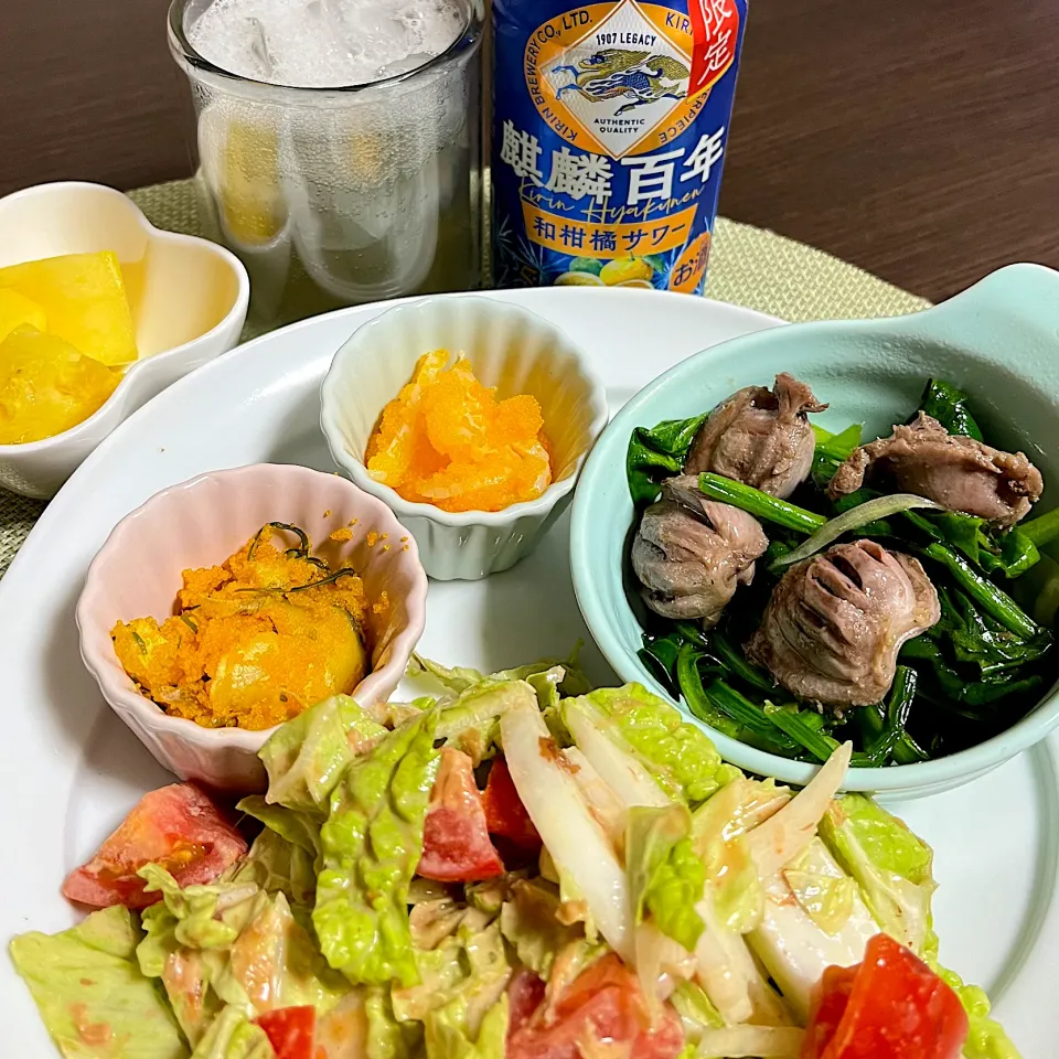 1/2晩ご飯：砂ずりコンフィと葉菜炒め|ななみんさん