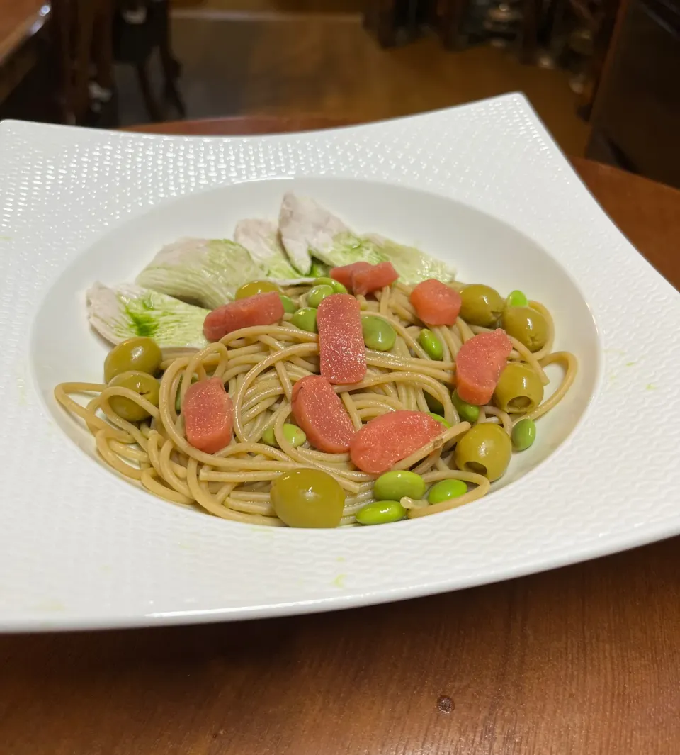 ファンケル絞りたてケール青汁明太パスタボイル鶏むね肉添え|henryさん