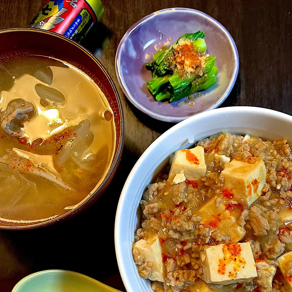 麻婆丼と豚汁　青梗菜のおひたし|DKさん