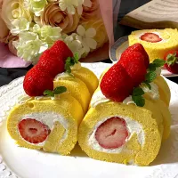 とんちんさんの料理 🍓まん丸苺のシフオンロールケーキ