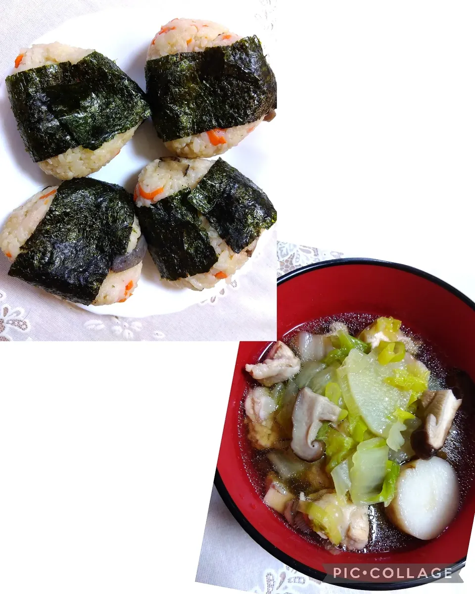 炊き込みご飯のおにぎり🍙、
鶏野菜だしの汁|m.rafuさん