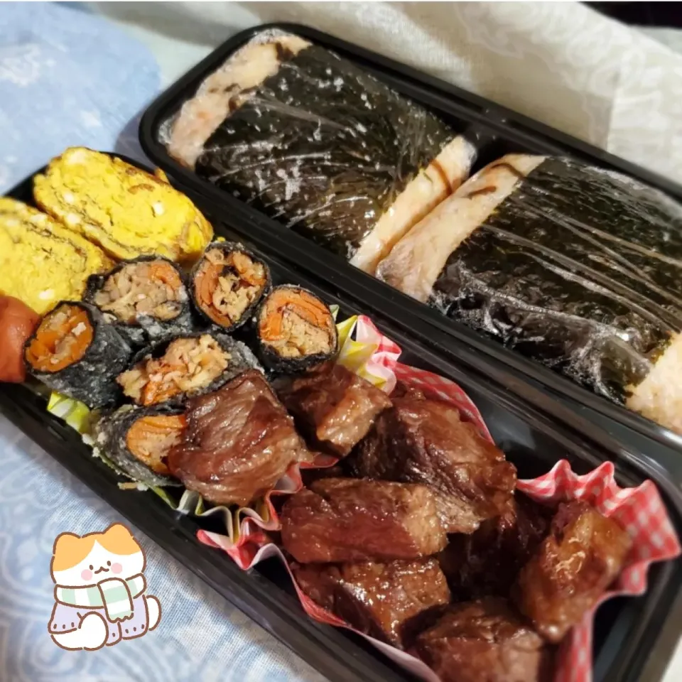 Snapdishの料理写真:今日のお弁当(海苔巻きなめ茸&サイコロステーキ)
2024/01/09|SHI0RIさん