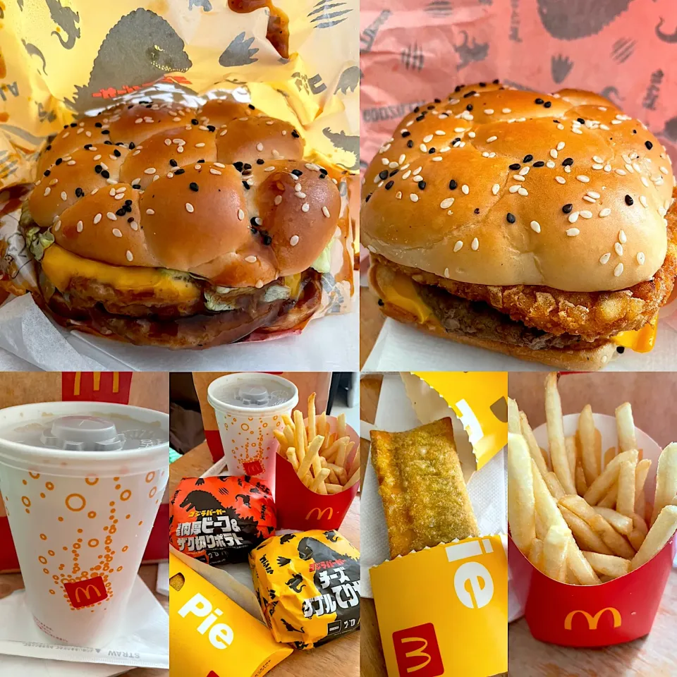 チーズ🧀ダブルてりやきバーガー🍔　旨辛肉厚ビーフ＆ザク切りポテトバーガー🍔　ポテト🍟　ビーフシチューパイ🥧　ジュース🥤|るみおんさん