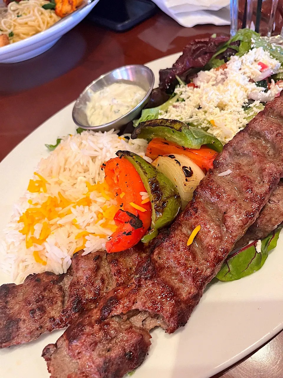 Koobideh dinner- basmati rice, greek salad, roasted tomatoes, onions, bellpepper kabob, ground beef koobideh skewers|🌺IAnneさん