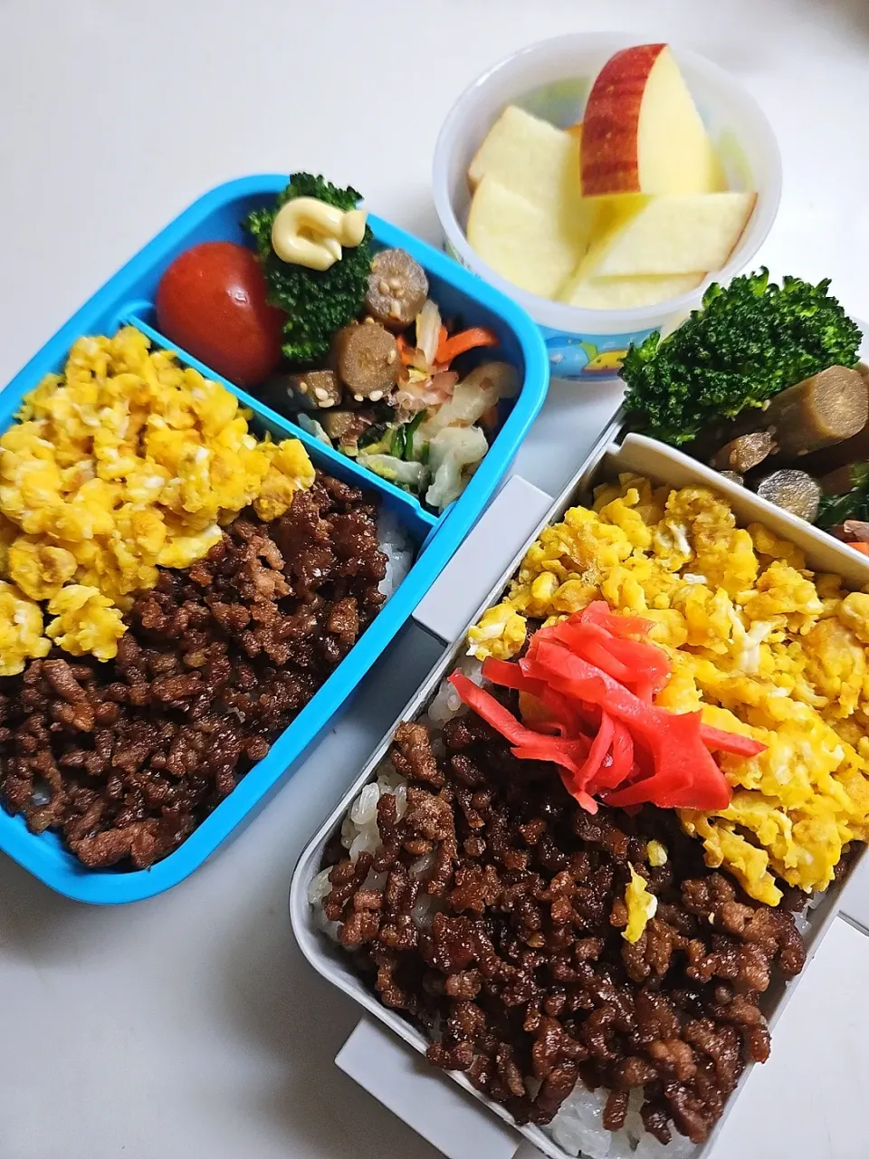 ☆中学生、小学生弁当☆玄米入り２色ごはん、牛蒡甘煮、白菜オカカ和え、ブロッコリー、ミニトマト、林檎|ｼｮｺﾗさん