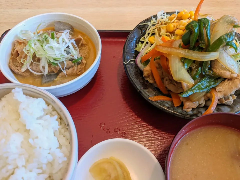 Snapdishの料理写真:もつ煮と豚生姜焼き定食|nobさん