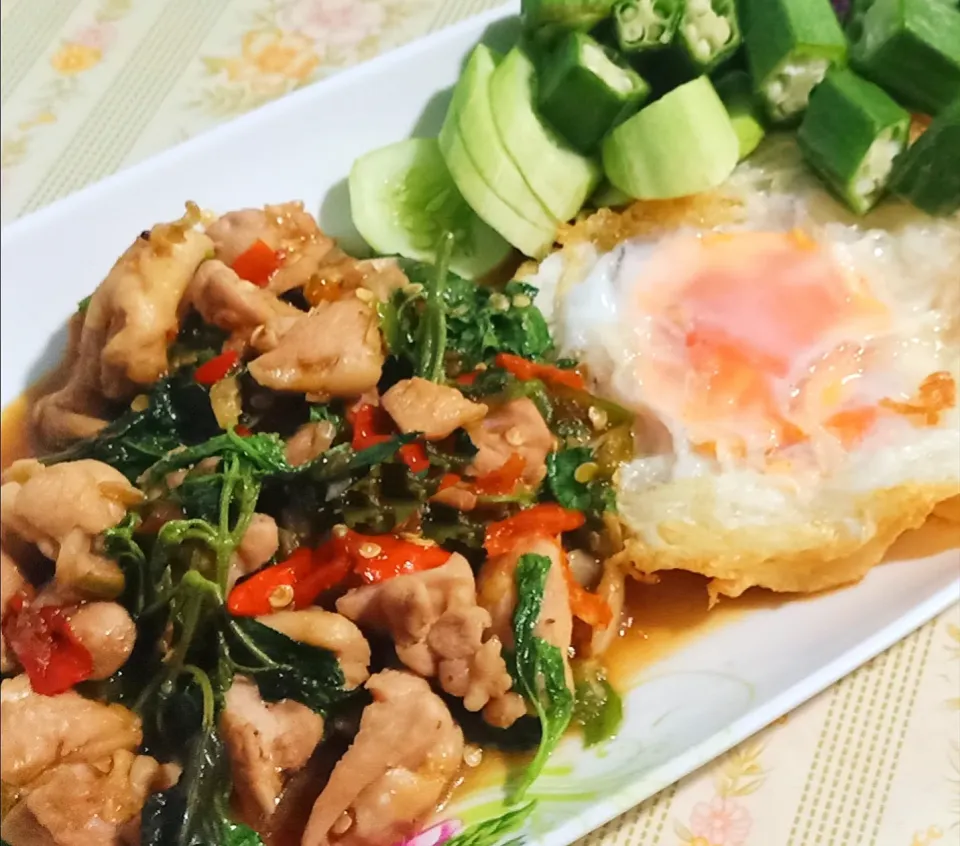 ผัดกะเพราไก่ไข่ดาว
Stir-fried spicy chicken with basil and fried egg|🌿Veerapan Mu🌿さん