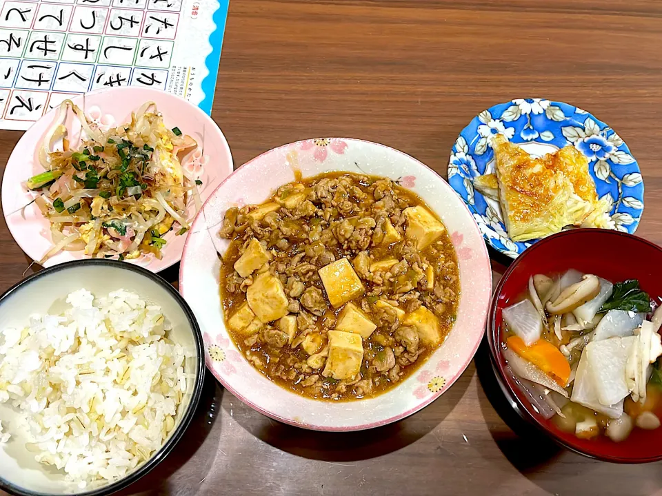 Snapdishの料理写真:豚こま麻婆豆腐　色々野菜の味噌汁　じゃがいものチーズガレット　マーミナーチャンプル|おさむん17さん