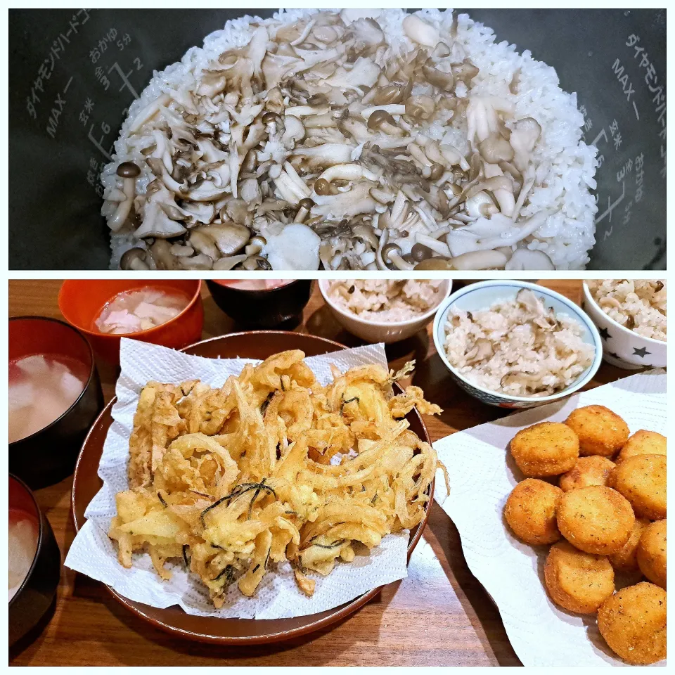 きのこの炊き込みご飯　かき揚げ　のび～るチーズinカツ　白菜ベーコン春雨の中華スープ|m aさん