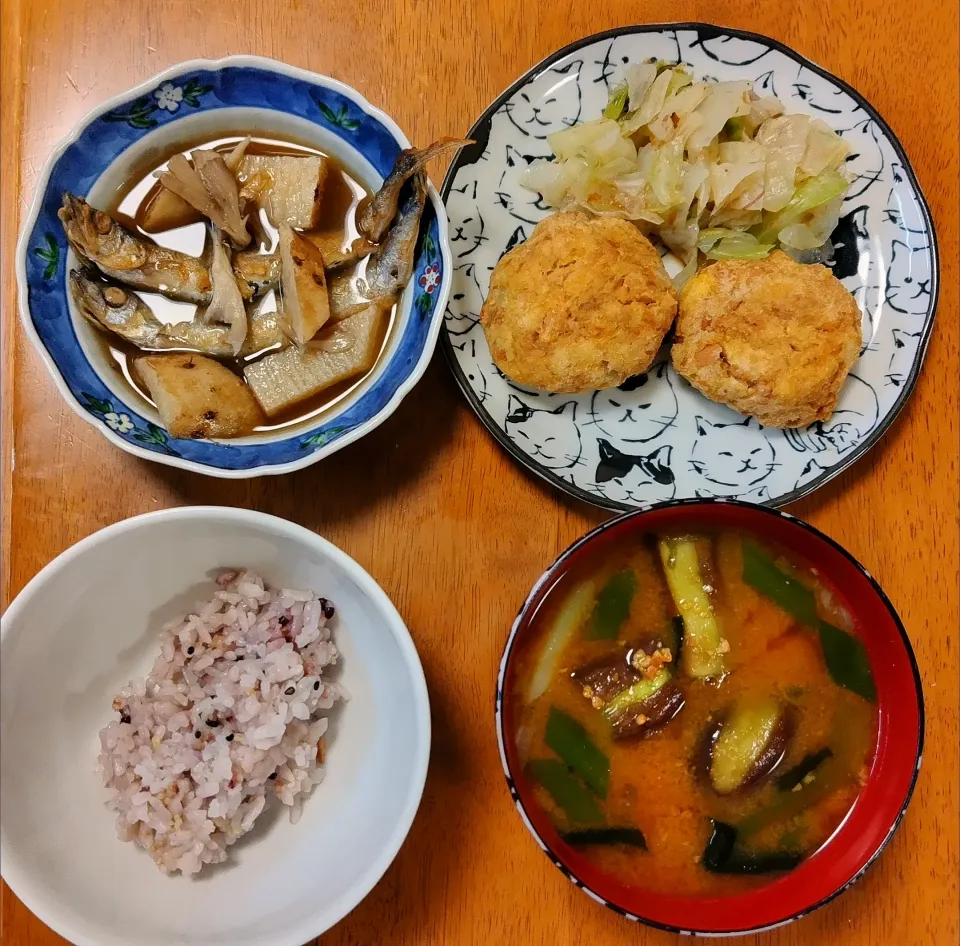 2023 1016　ししゃもと野菜の焼きびたし　キャベツの梅和え　ツナと豆腐のナゲット　茄子とわかめのお味噌汁|いもこ。さん