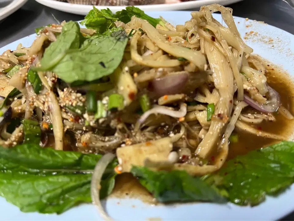 タイ🇹🇭バンコクのトンブリ地区の屋台でスープノマイ　筍の茹でサラダ　辛いけど美味しい😋|Mikoshiba Kazutoshiさん