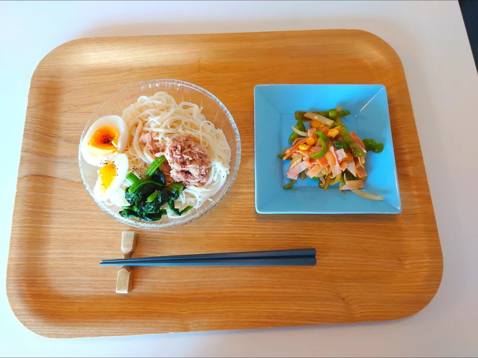 今日の昼食　ツナそうめん、ピーマンケチャップ炒め|pinknari🐰🌈さん