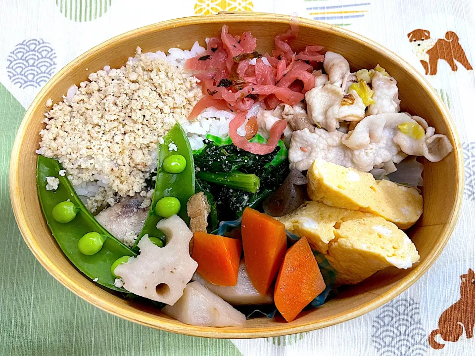 豚肉とキャベツ炒め、玉子焼き、煮物の鶏そぼろ🍱|なお🅿️さん