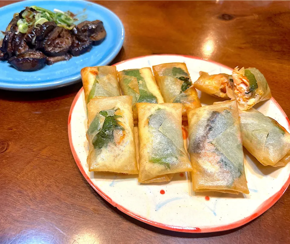 茄子の味噌炒め、チーズ大葉鮭の春巻き|macoさん