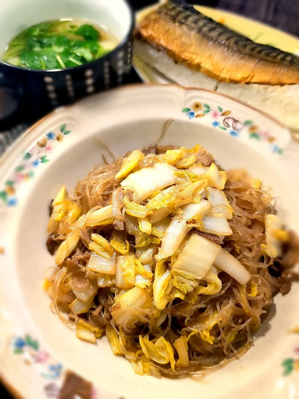 豚肉と白菜の春雨＆三つ葉の吸い物＆さば寿司|テケテケさん