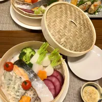 Snapdishの料理写真:鮭と季節野菜のせいろ蒸し|全力柿の種さん